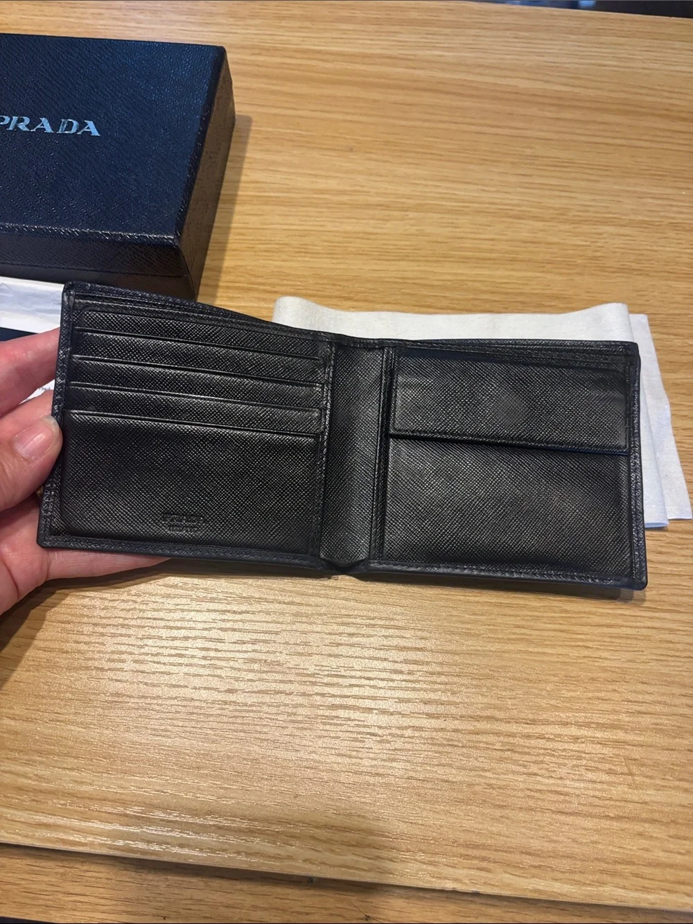 Prada Blue and black  Saffiano Leather wallet with box COA card